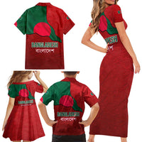 Bangladesh Family Matching Short Sleeve Bodycon Dress and Hawaiian Shirt with National Flag Design and Bengali Script