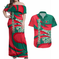 Bangladesh Couples Matching Off Shoulder Maxi Dress and Hawaiian Shirt with Tiger Bengal Design and National Emblem Motif