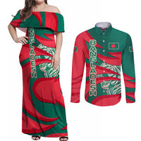 Bangladesh Couples Matching Off Shoulder Maxi Dress and Long Sleeve Button Shirt with Tiger Bengal Design and National Emblem Motif