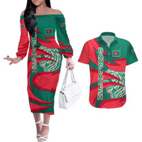 Bangladesh Couples Matching Off The Shoulder Long Sleeve Dress and Hawaiian Shirt with Tiger Bengal Design and National Emblem Motif