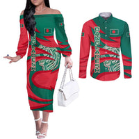 Bangladesh Couples Matching Off The Shoulder Long Sleeve Dress and Long Sleeve Button Shirt with Tiger Bengal Design and National Emblem Motif