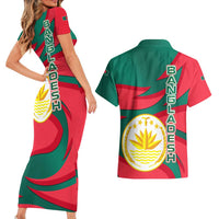 Bangladesh Couples Matching Short Sleeve Bodycon Dress and Hawaiian Shirt with Tiger Bengal Design and National Emblem Motif