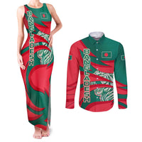 Bangladesh Couples Matching Tank Maxi Dress and Long Sleeve Button Shirt with Tiger Bengal Design and National Emblem Motif