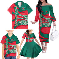 Bangladesh Family Matching Off The Shoulder Long Sleeve Dress and Hawaiian Shirt with Tiger Bengal Design and National Emblem Motif