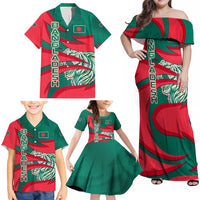 Bangladesh Family Matching Off Shoulder Maxi Dress and Hawaiian Shirt with Tiger Bengal Design and National Emblem Motif