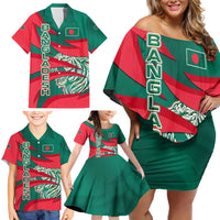 Bangladesh Family Matching Off Shoulder Short Dress and Hawaiian Shirt with Tiger Bengal Design and National Emblem Motif