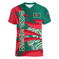 Bangladesh Women V-Neck T-Shirt with Tiger Bengal Design and National Emblem Motif