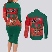 Bangladesh Flag Couples Matching Long Sleeve Bodycon Dress and Long Sleeve Button Shirt with Royal Bengal Tiger Design