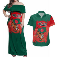 Bangladesh Flag Couples Matching Off Shoulder Maxi Dress and Hawaiian Shirt with Royal Bengal Tiger Design