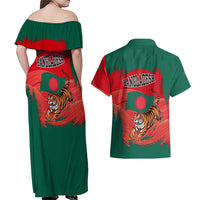 Bangladesh Flag Couples Matching Off Shoulder Maxi Dress and Hawaiian Shirt with Royal Bengal Tiger Design