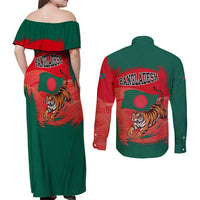 Bangladesh Flag Couples Matching Off Shoulder Maxi Dress and Long Sleeve Button Shirt with Royal Bengal Tiger Design