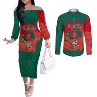 Bangladesh Flag Couples Matching Off The Shoulder Long Sleeve Dress and Long Sleeve Button Shirt with Royal Bengal Tiger Design
