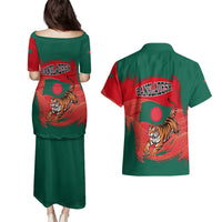 Bangladesh Flag Couples Matching Puletasi and Hawaiian Shirt with Royal Bengal Tiger Design