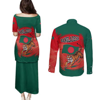Bangladesh Flag Couples Matching Puletasi and Long Sleeve Button Shirt with Royal Bengal Tiger Design