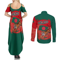 Bangladesh Flag Couples Matching Summer Maxi Dress and Long Sleeve Button Shirt with Royal Bengal Tiger Design