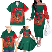 Bangladesh Flag Family Matching Off The Shoulder Long Sleeve Dress and Hawaiian Shirt with Royal Bengal Tiger Design