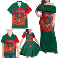 Bangladesh Flag Family Matching Off Shoulder Maxi Dress and Hawaiian Shirt with Royal Bengal Tiger Design