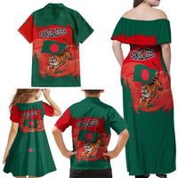 Bangladesh Flag Family Matching Off Shoulder Maxi Dress and Hawaiian Shirt with Royal Bengal Tiger Design