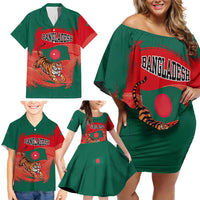 Bangladesh Flag Family Matching Off Shoulder Short Dress and Hawaiian Shirt with Royal Bengal Tiger Design
