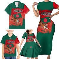 Bangladesh Flag Family Matching Short Sleeve Bodycon Dress and Hawaiian Shirt with Royal Bengal Tiger Design