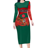 Bangladesh Flag Long Sleeve Bodycon Dress with Royal Bengal Tiger Design