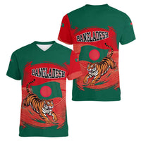 Bangladesh Flag Women V-Neck T-Shirt with Royal Bengal Tiger Design