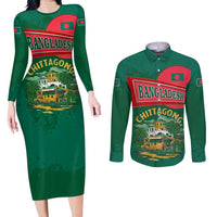 Bangladesh Chittagong Heritage Couples Matching Long Sleeve Bodycon Dress and Long Sleeve Button Shirt with National Emblem and Flag