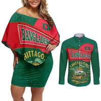 Bangladesh Chittagong Heritage Couples Matching Off Shoulder Short Dress and Long Sleeve Button Shirt with National Emblem and Flag