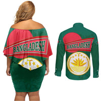 Bangladesh Chittagong Heritage Couples Matching Off Shoulder Short Dress and Long Sleeve Button Shirt with National Emblem and Flag