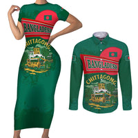 Bangladesh Chittagong Heritage Couples Matching Short Sleeve Bodycon Dress and Long Sleeve Button Shirt with National Emblem and Flag