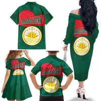 Bangladesh Chittagong Heritage Family Matching Off The Shoulder Long Sleeve Dress and Hawaiian Shirt with National Emblem and Flag