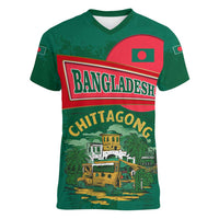 Bangladesh Chittagong Heritage Women V-Neck T-Shirt with National Emblem and Flag