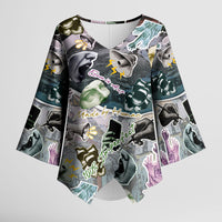Personalized Made By Human Imperfect Statue Faces Kimono Sleeve Blouse Handmade Look Grunge Collage Pop Art