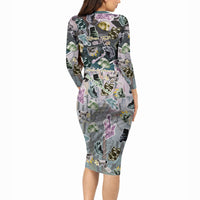Personalized Made By Human Imperfect Statue Faces Long Sleeve Bodycon Dress Handmade Look Grunge Collage Pop Art