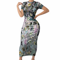 Personalized Made By Human Imperfect Statue Faces Short Sleeve Bodycon Dress Handmade Look Grunge Collage Pop Art