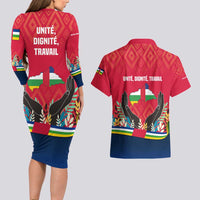 Central African Republic Couples Matching Long Sleeve Bodycon Dress and Hawaiian Shirt with Red Blue Green Tribal Design and National Flag - Wonder Print Shop