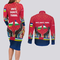 Central African Republic Couples Matching Long Sleeve Bodycon Dress and Long Sleeve Button Shirt with Red Blue Green Tribal Design and National Flag - Wonder Print Shop