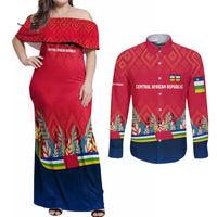 Central African Republic Couples Matching Off Shoulder Maxi Dress and Long Sleeve Button Shirt with Red Blue Green Tribal Design and National Flag - Wonder Print Shop