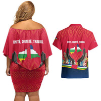 Central African Republic Couples Matching Off Shoulder Short Dress and Hawaiian Shirt with Red Blue Green Tribal Design and National Flag - Wonder Print Shop