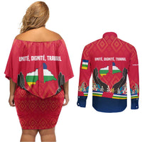 Central African Republic Couples Matching Off Shoulder Short Dress and Long Sleeve Button Shirt with Red Blue Green Tribal Design and National Flag - Wonder Print Shop