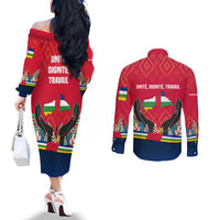 Central African Republic Couples Matching Off The Shoulder Long Sleeve Dress and Long Sleeve Button Shirt with Red Blue Green Tribal Design and National Flag - Wonder Print Shop