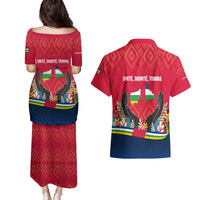 Central African Republic Couples Matching Puletasi and Hawaiian Shirt with Red Blue Green Tribal Design and National Flag - Wonder Print Shop