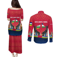 Central African Republic Couples Matching Puletasi and Long Sleeve Button Shirt with Red Blue Green Tribal Design and National Flag - Wonder Print Shop
