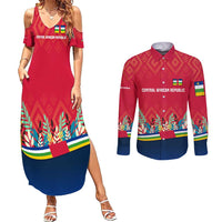 Central African Republic Couples Matching Summer Maxi Dress and Long Sleeve Button Shirt with Red Blue Green Tribal Design and National Flag - Wonder Print Shop