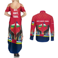 Central African Republic Couples Matching Summer Maxi Dress and Long Sleeve Button Shirt with Red Blue Green Tribal Design and National Flag - Wonder Print Shop