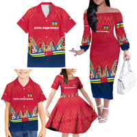Central African Republic Family Matching Off The Shoulder Long Sleeve Dress and Hawaiian Shirt with Red Blue Green Tribal Design and National Flag - Wonder Print Shop