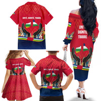 Central African Republic Family Matching Off The Shoulder Long Sleeve Dress and Hawaiian Shirt with Red Blue Green Tribal Design and National Flag - Wonder Print Shop