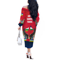 Central African Republic Off The Shoulder Long Sleeve Dress with Red Blue Green Tribal Design and National Flag - Wonder Print Shop