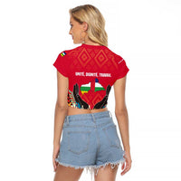 Central African Republic Raglan Cropped T Shirt with Red Blue Green Tribal Design and National Flag - Wonder Print Shop