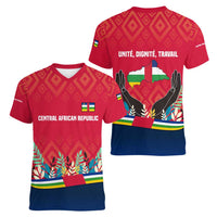 Central African Republic Women V-Neck T-Shirt with Red Blue Green Tribal Design and National Flag - Wonder Print Shop
